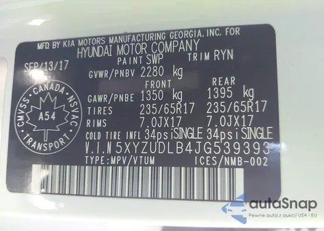 2018 Hyundai Santa Fe Sport 2.4 Luxury z USA, uszkodzony, nr VIN 5XYZUDLB4JG539393